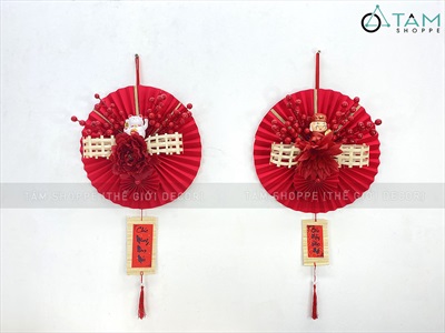 Vòng treo cửa Tết Quạt nhung đỏ nơ tre ĐK30cm VTC-T-43